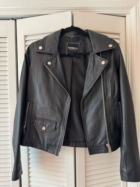 Barneys New York Black Leather Asymmetric Zip Moto Jacket